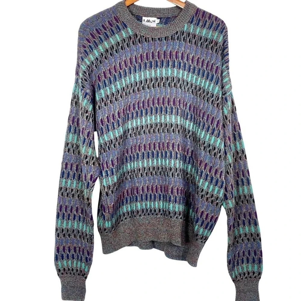 Vtg Lavane Sweater Mens XL Mercerized 3D Geometric Knit 90s Coogi Retro Crewneck
